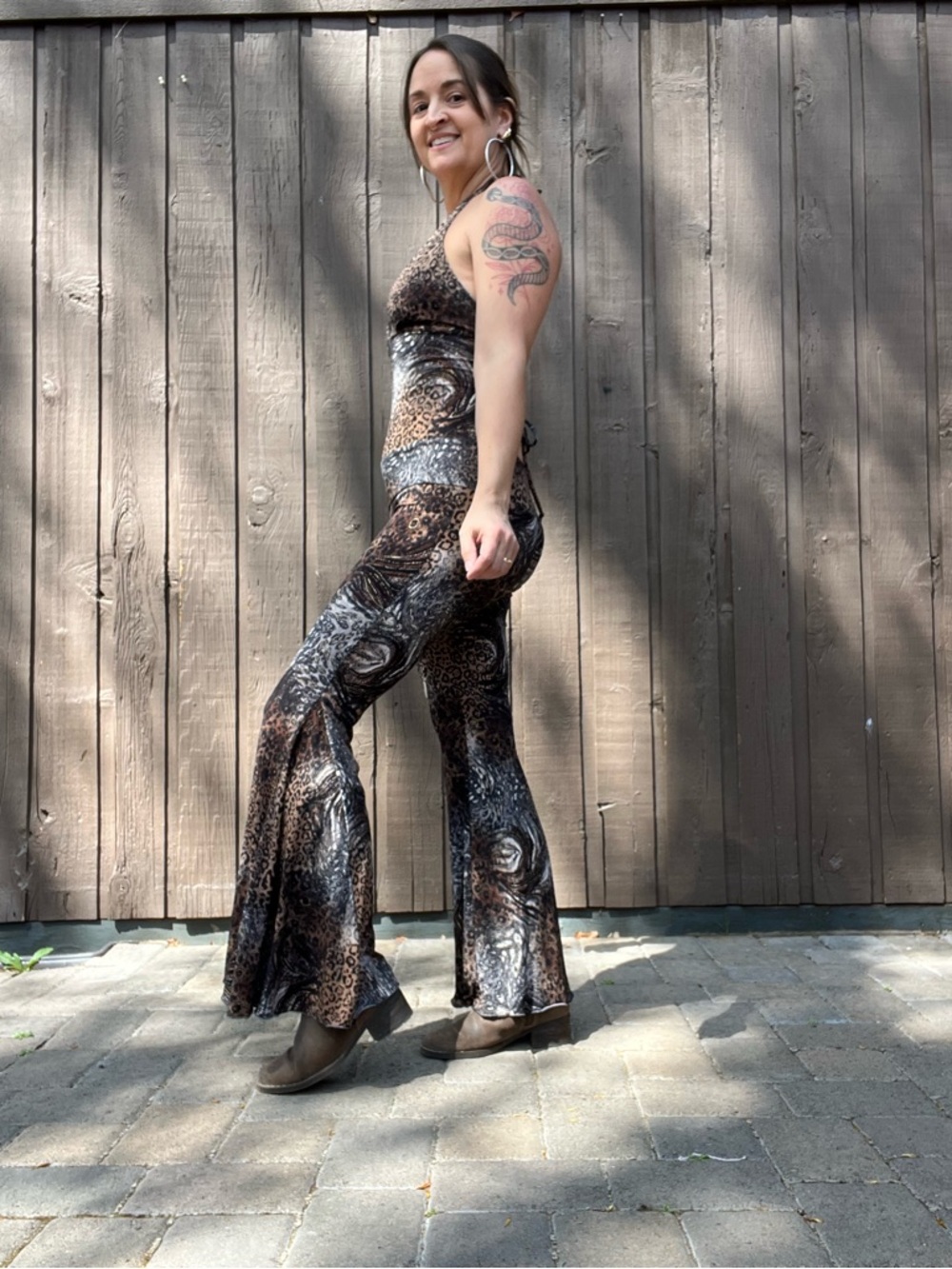 Cheetah Print Halter Backless Lace Up Jumpsuit Flare Leg Disco Festival Rave M